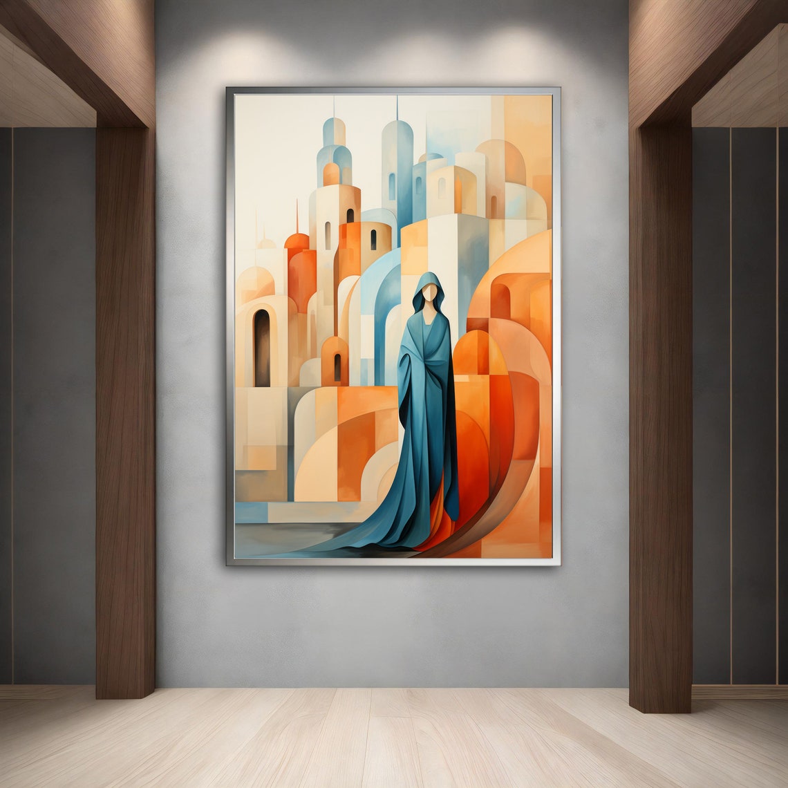 Hooded Figure Abstract Geometric Cityscape Terracotta Blue Art Poster - Image 4