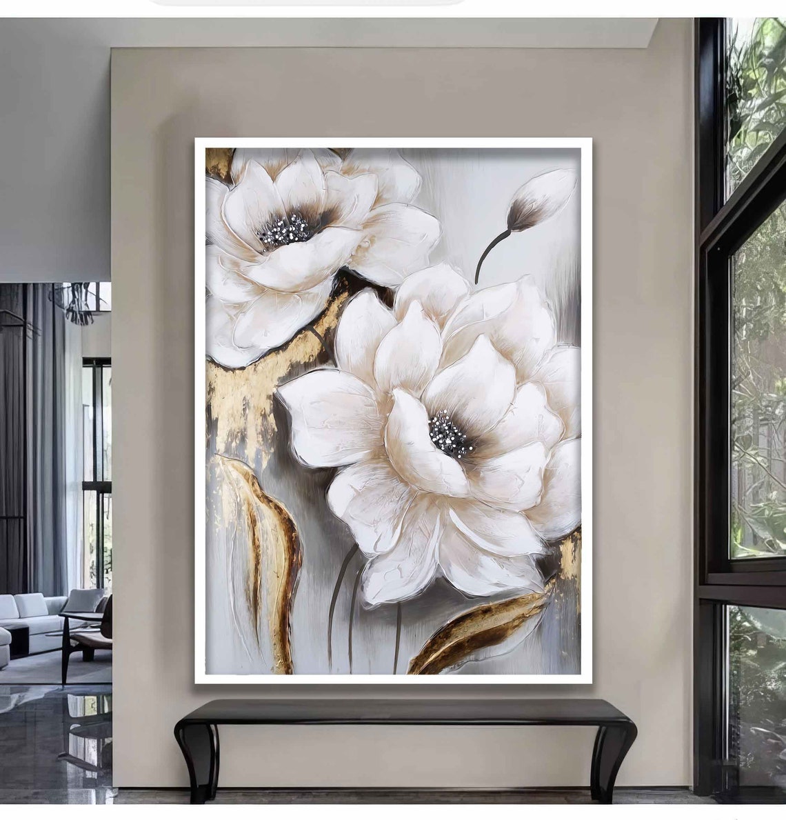 Soft White Magnolia Flowers Gold Grey Abstract Floral Art Poster - Image 2