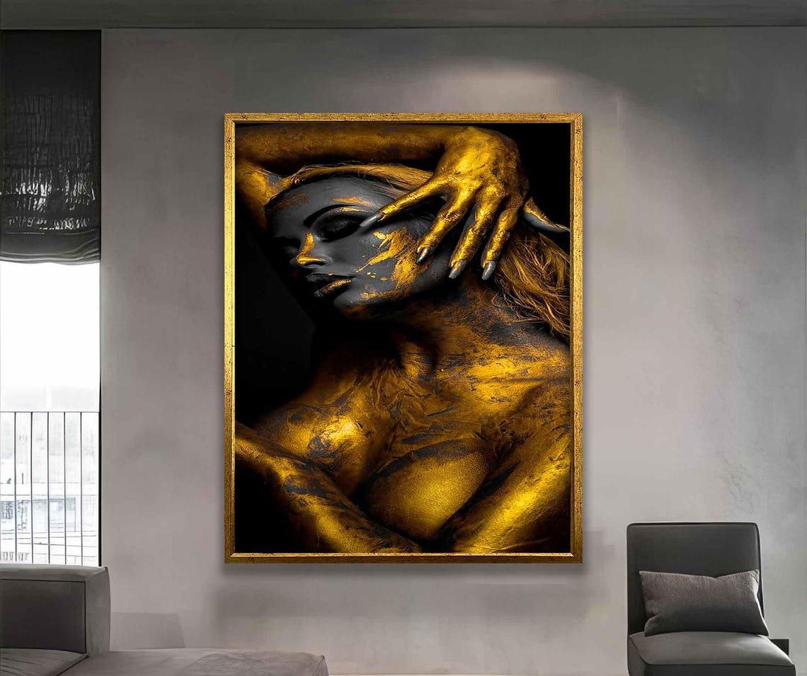 Gold Body Paint Woman Portrait Dramatic Black Background Wall Art - Image 4