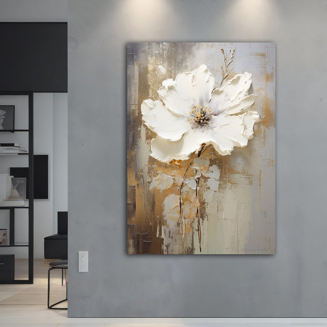 White Magnolia Impasto Gold Background Elegant Floral Wall Art Poster - Image 4