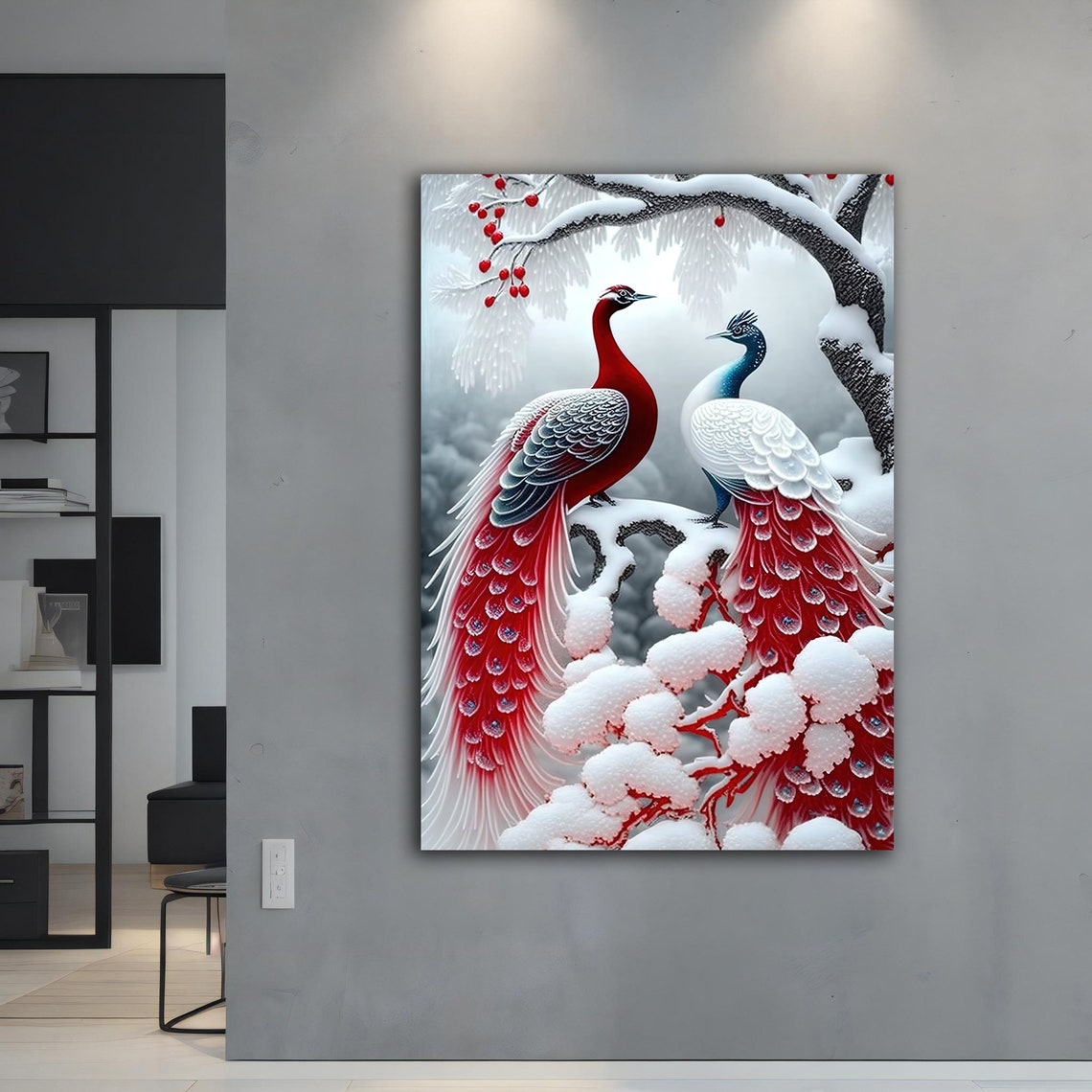 Red White Peacocks Snow Winter Branch Elegant Wall Art Poster - Image 4