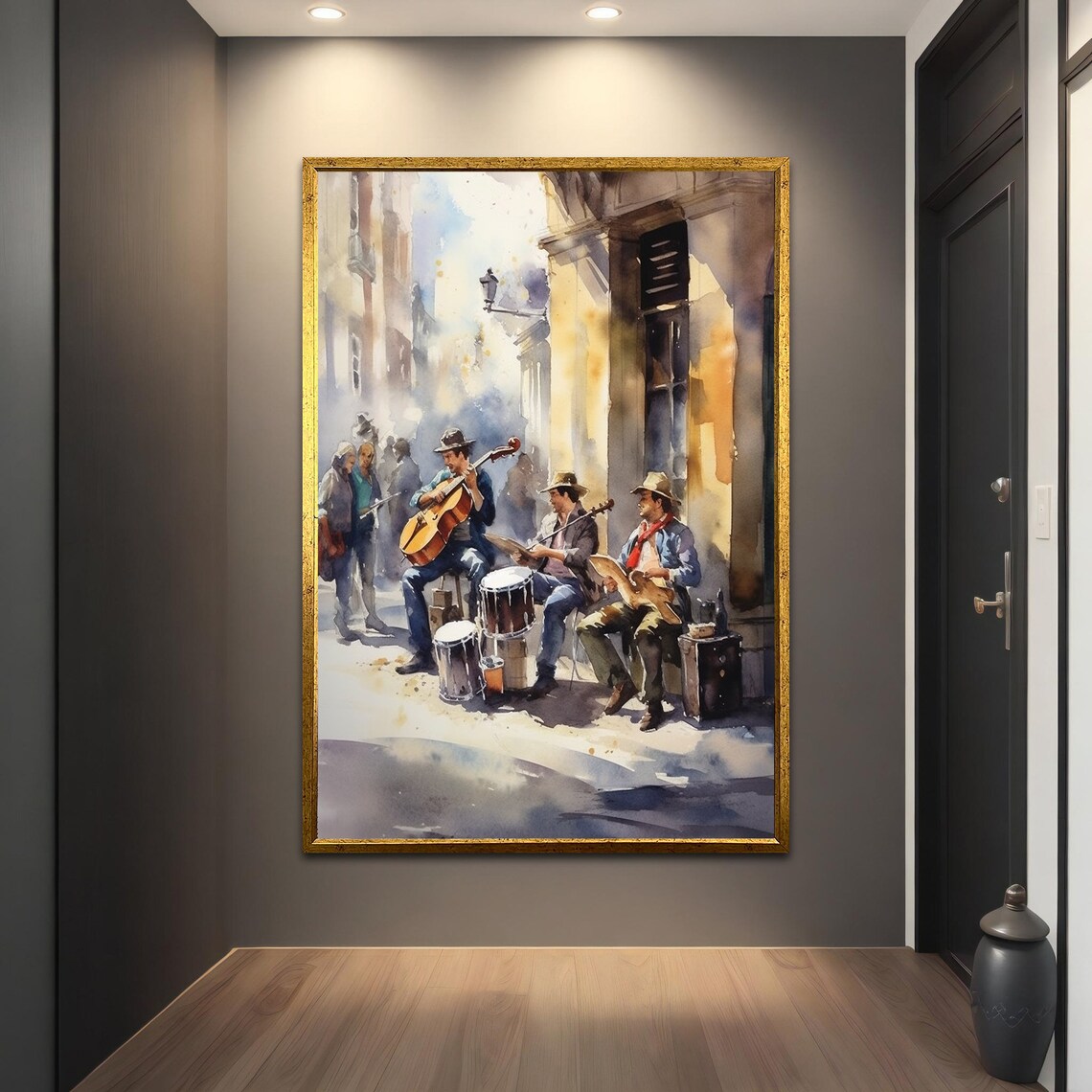 Street Musicians Sunlit Old Town Watercolor Music Painting Print - Image 4