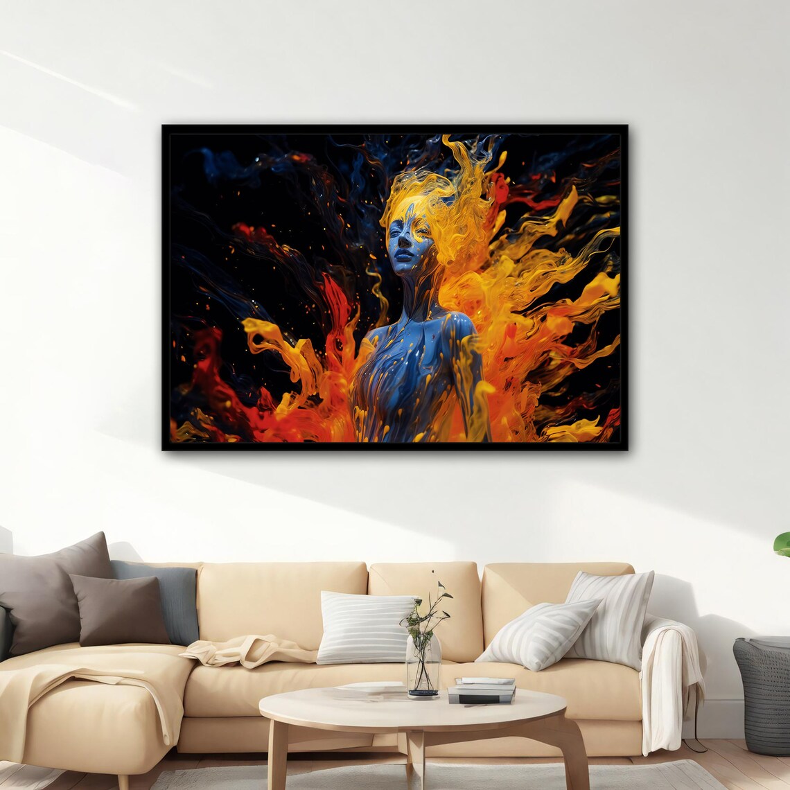 Blue Woman Fire Flames Surreal Portrait Orange Yellow Dramatic Wall Art Poster - Image 3