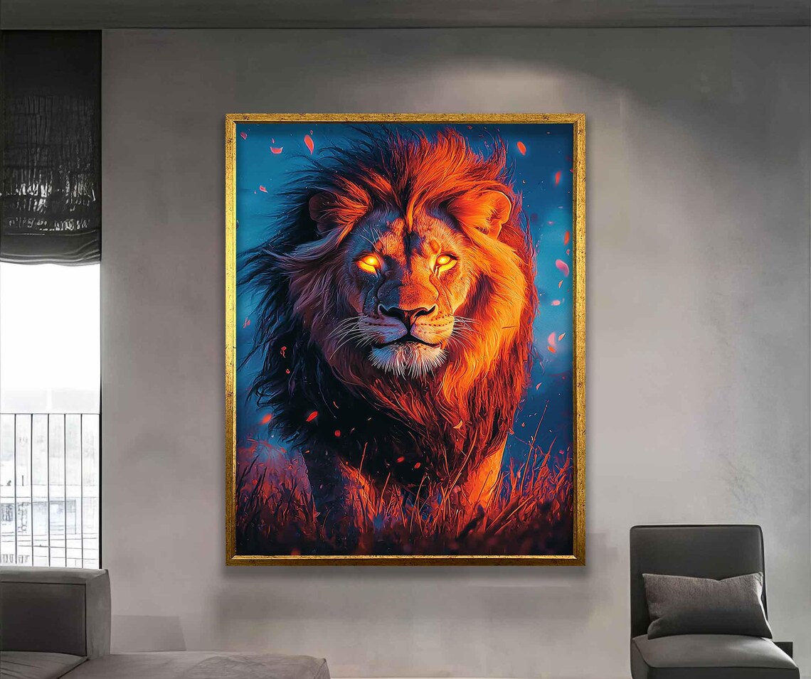 Fiery Lion Portrait Glowing Eyes Orange Mane Bold Wildlife Art Poster - Image 2