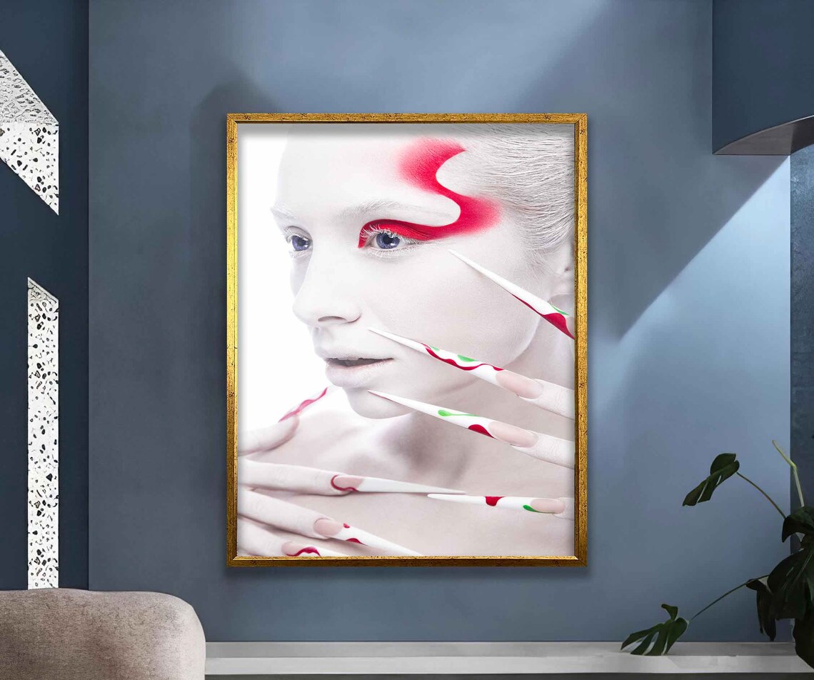 White Face Red Swirl Makeup Long Painted Nails Fashion Art Poster - Image 2