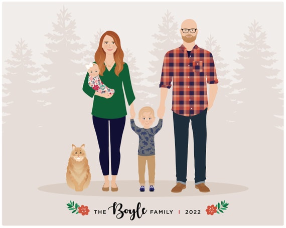 Custom Family Portrait With Pets Illustration From Photo Couple Drawing Cartoon Wall Art Personalized Gift