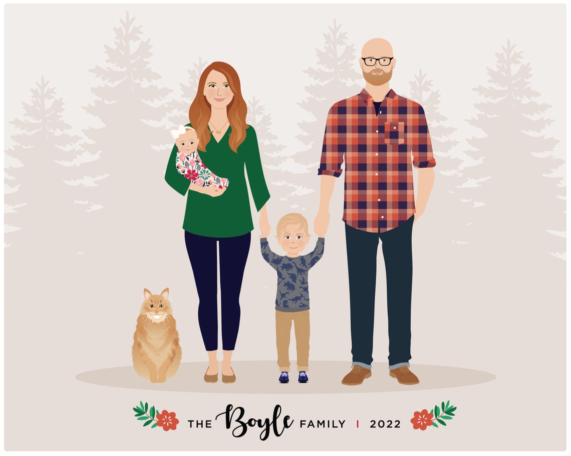 Custom Family Portrait With Pets Illustration From Photo Couple Drawing Cartoon Wall Art Personalized Gift