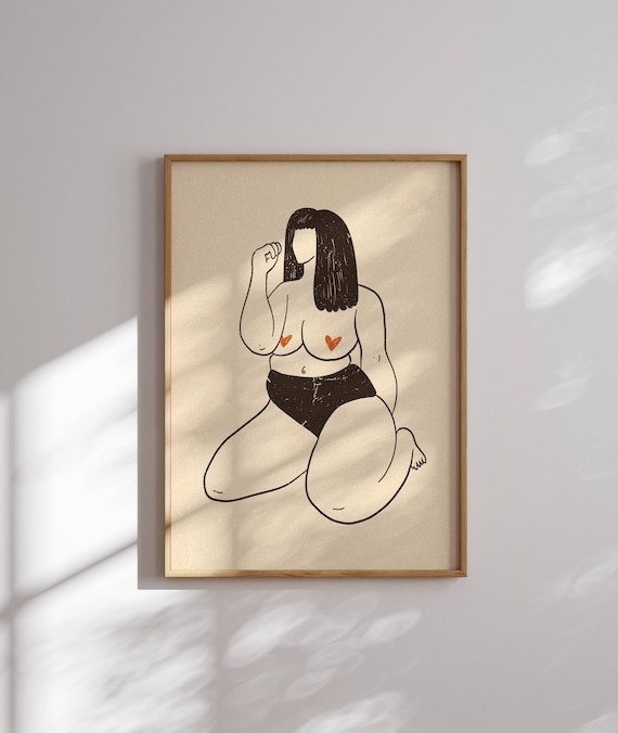Body Positive Feminine Line Art Poster Curvy Woman With Heart Details