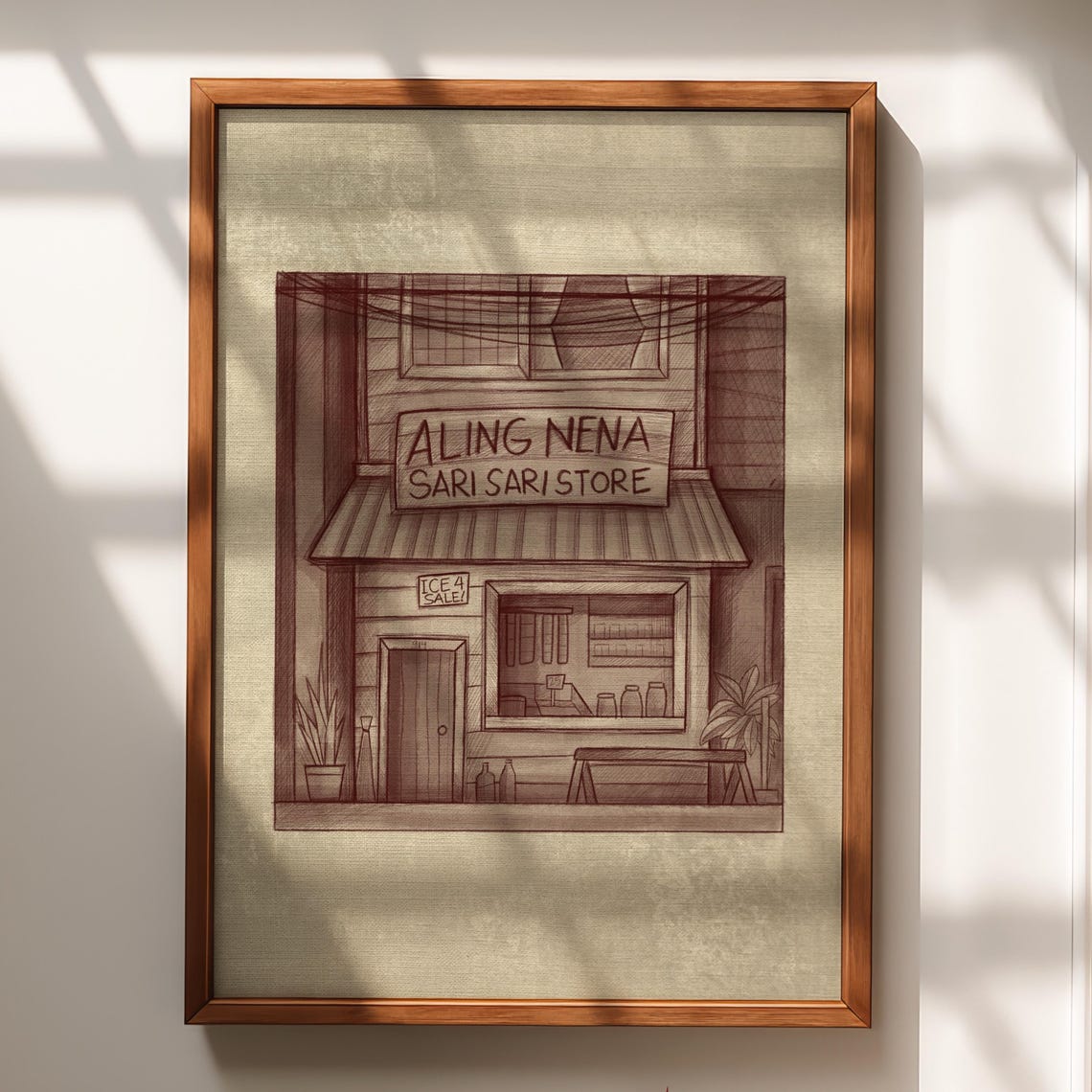 Aling Nena Sari Sari Store Sepia Sketch Filipino Nostalgia Poster