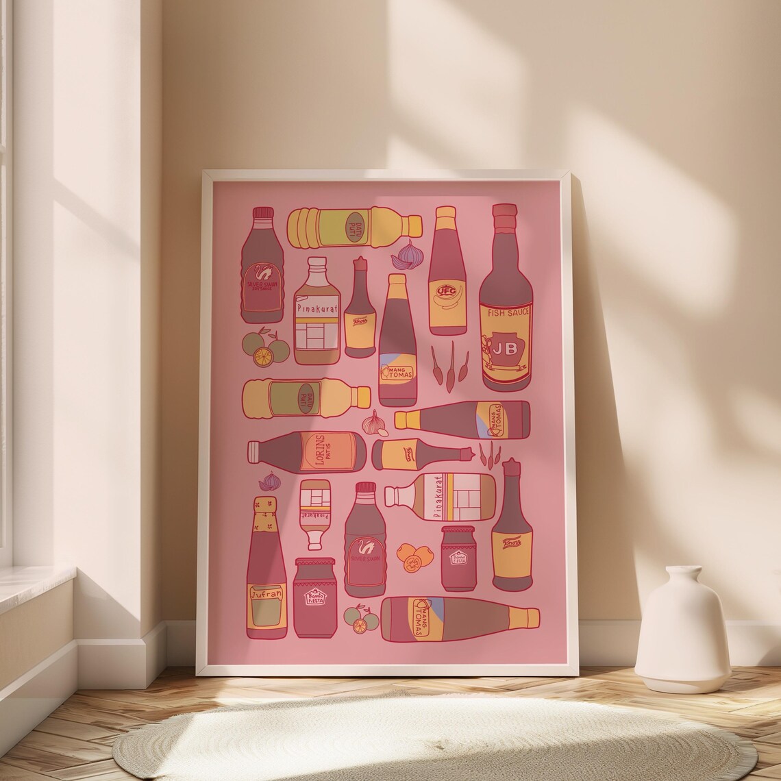 Filipino Pantry Condiments Illustrated Bottles Pink Kitchen Wall Poster