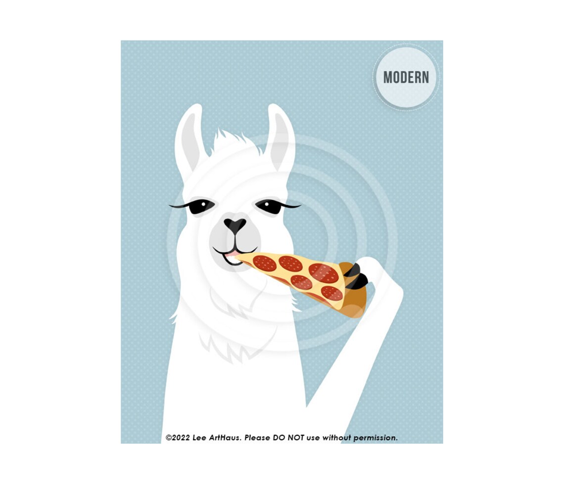 White Llama Eating Pepperoni Pizza Slice Fun Kids Room Decor Wall Poster - Image 2