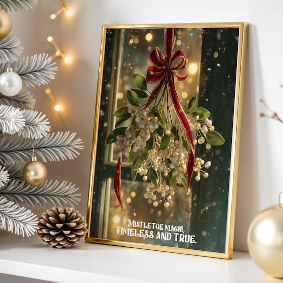 Mistletoe with Red Ribbon Berries Romantic Christmas Botanical Poster