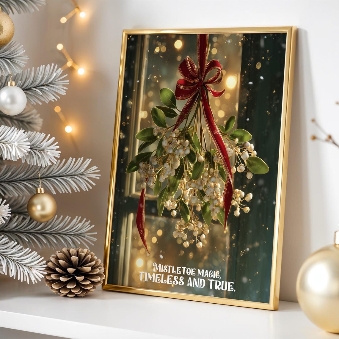 Mistletoe with Red Ribbon Berries Romantic Christmas Botanical Poster