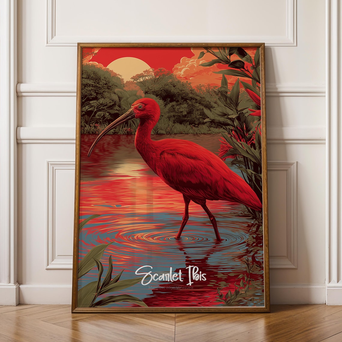 Scarlet Ibis Red Wading Bird in Fiery Mangrove Sunset Wildlife Poster