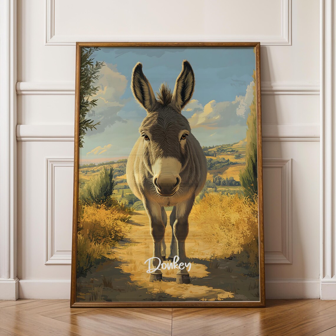 Sweet Donkey on Golden Country Road Sunlit Field Animal Poster