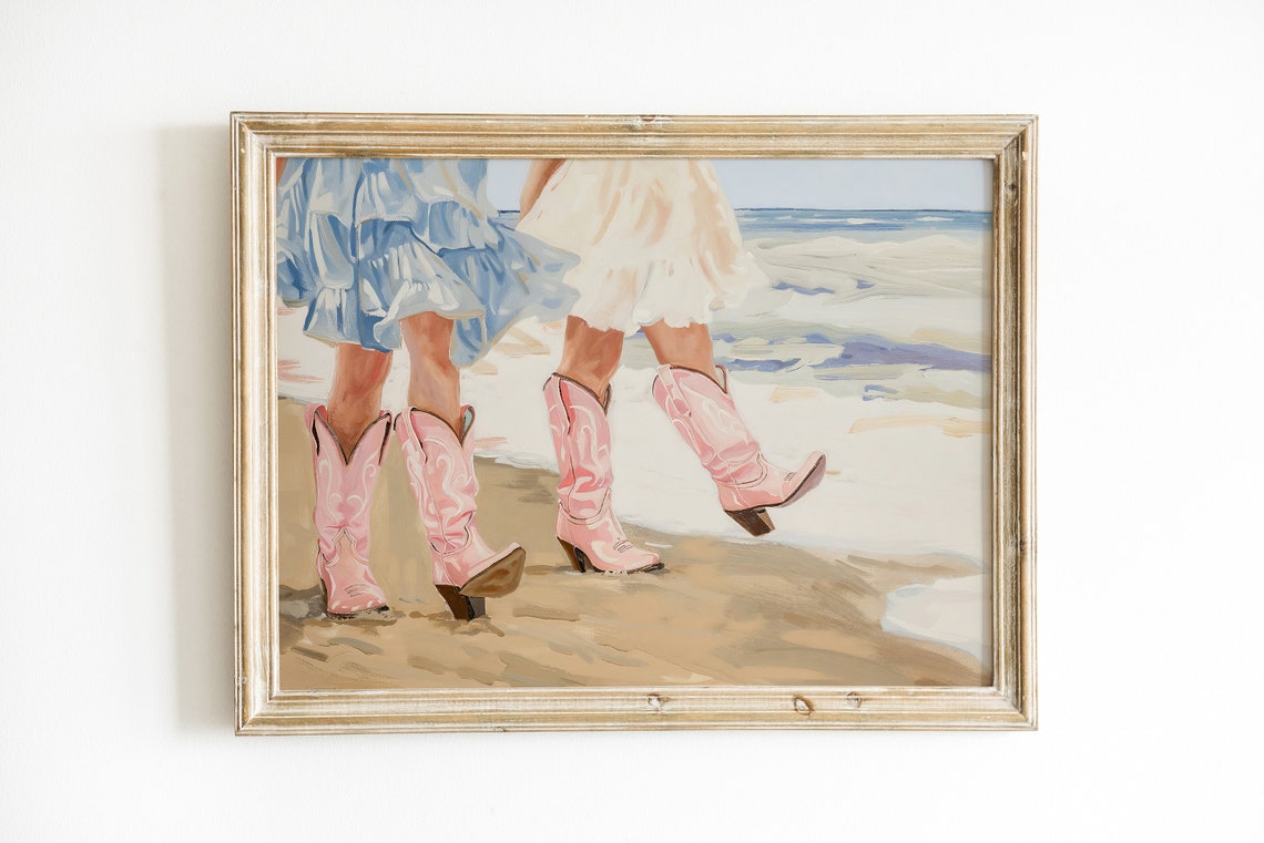Two Coastal Cowgirls Walking the Beach in Pink Boots Art Poster - Image 4