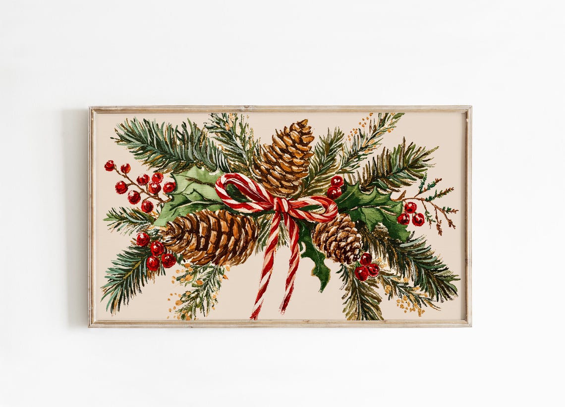 Christmas Botanical Swag Pinecones Holly Candy Cane Ribbon Poster - Image 3