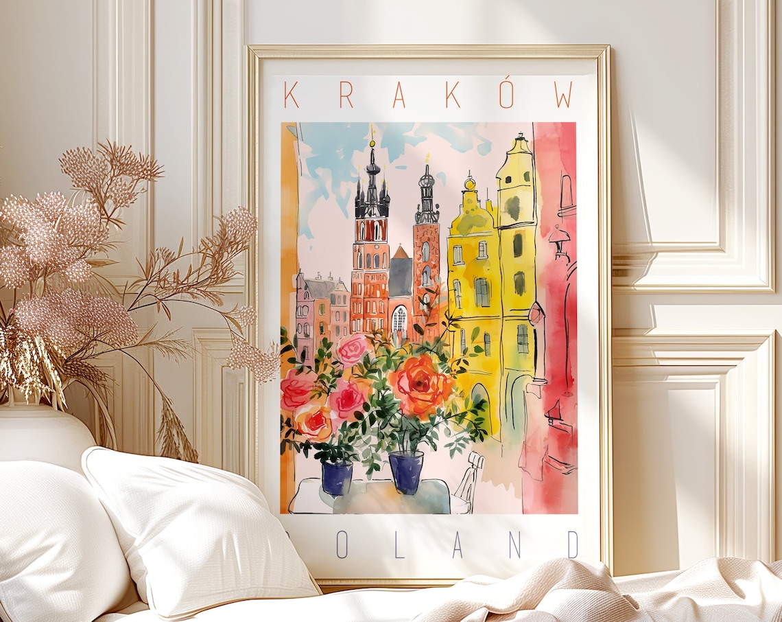 Krakow Poland Watercolor Old Town Church Towers Roses Art Poster