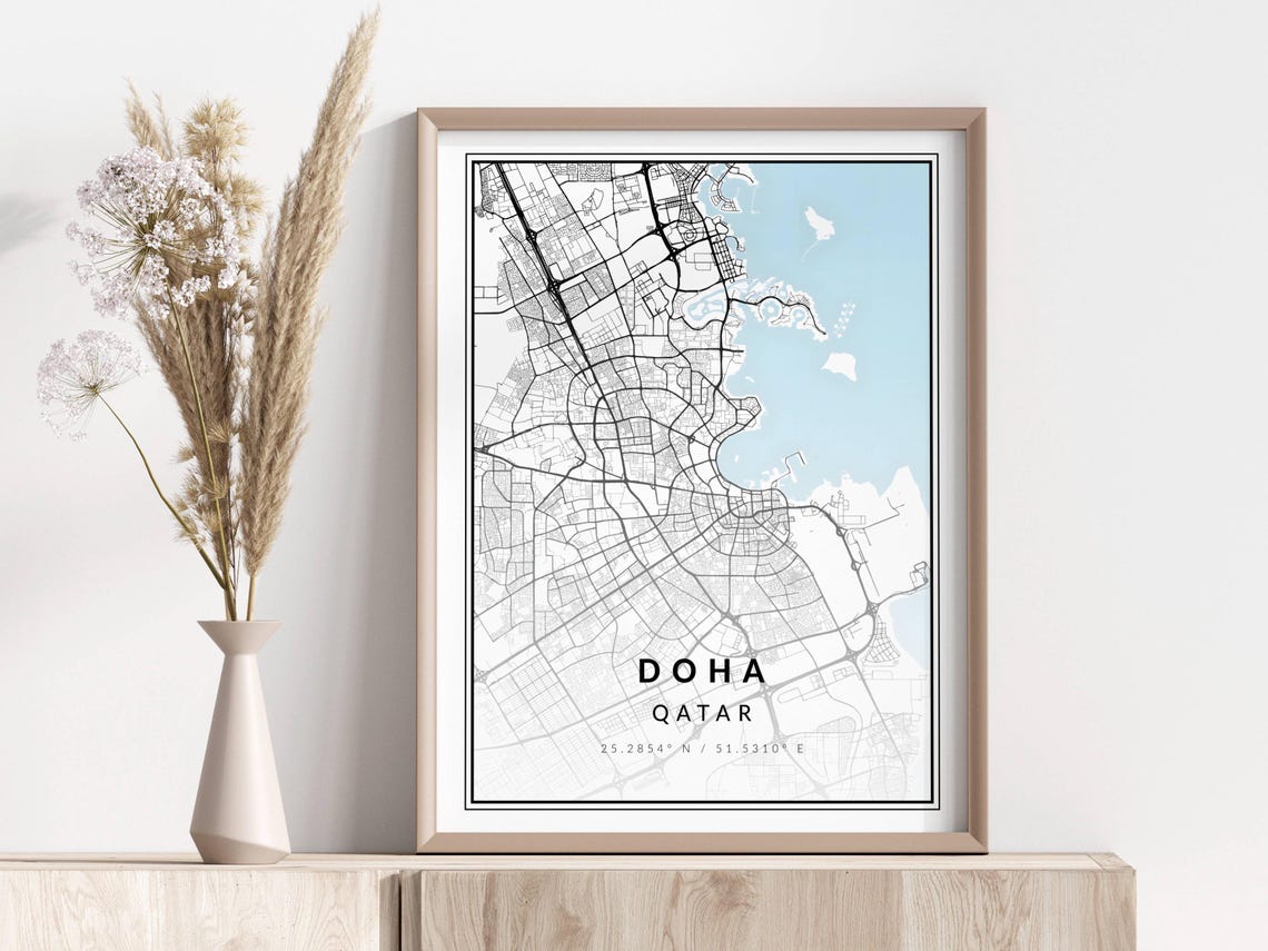Doha Qatar City Map Poster Minimalist Black and White Street Map Art