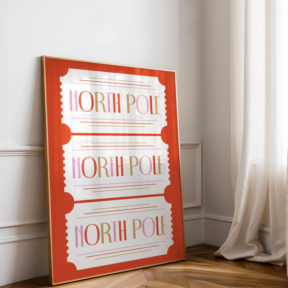North Pole Ticket Red Christmas Retro Holiday Triple Stub Poster - Image 2