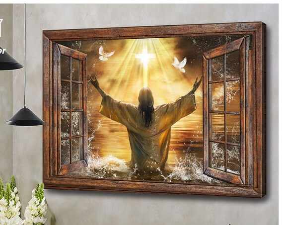 Jesus Praying Arms Raised Water Glowing Cross Doves Window Poster