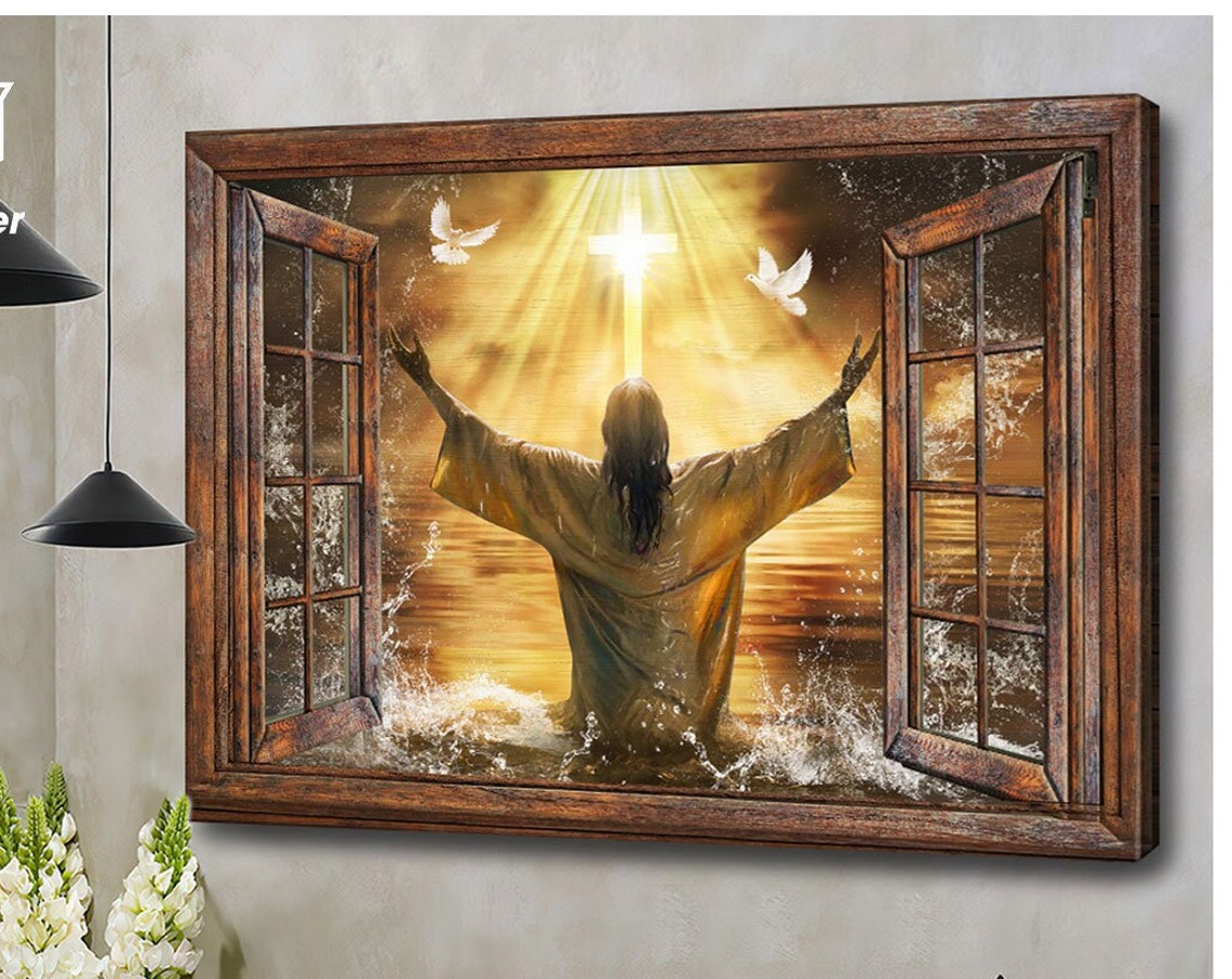 Jesus Praying Arms Raised Water Glowing Cross Doves Window Poster