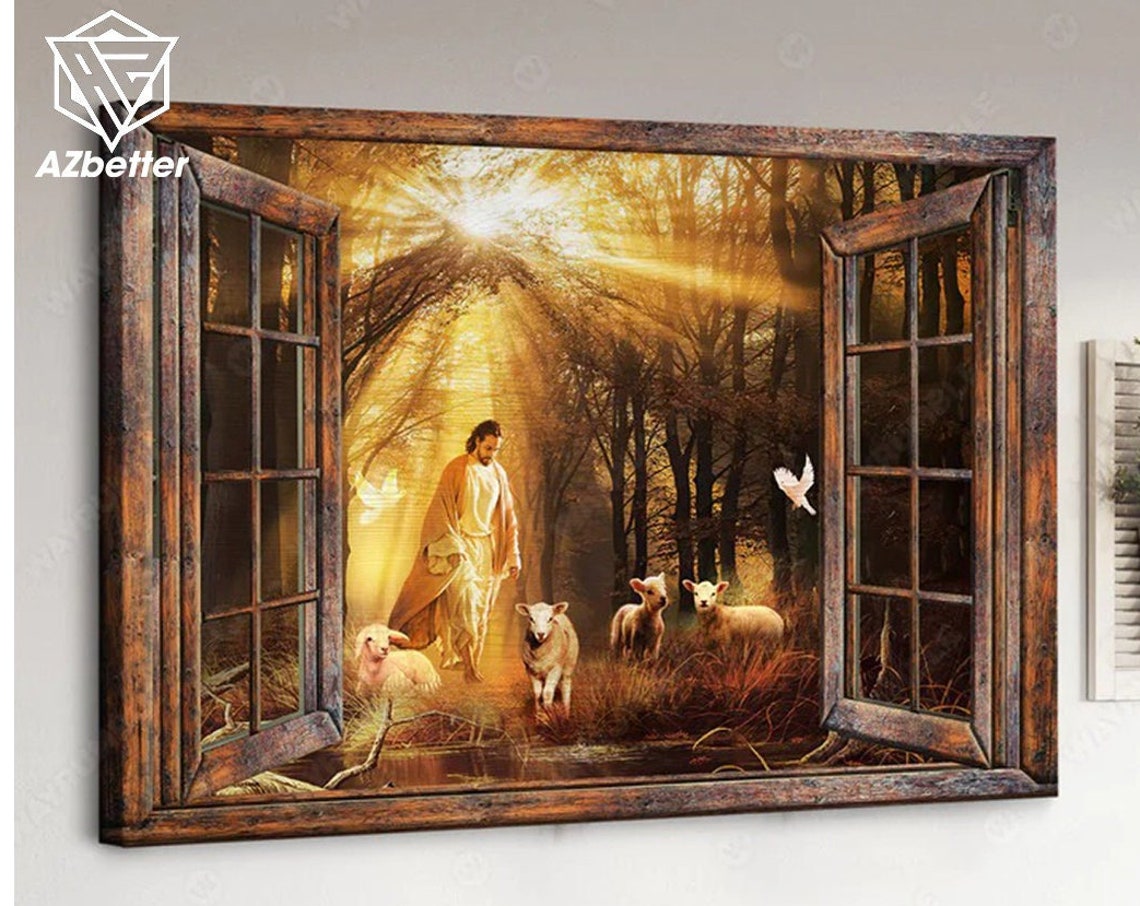 Jesus Walking With Lambs In Sunlit Forest Window View Art Poster - Image 4