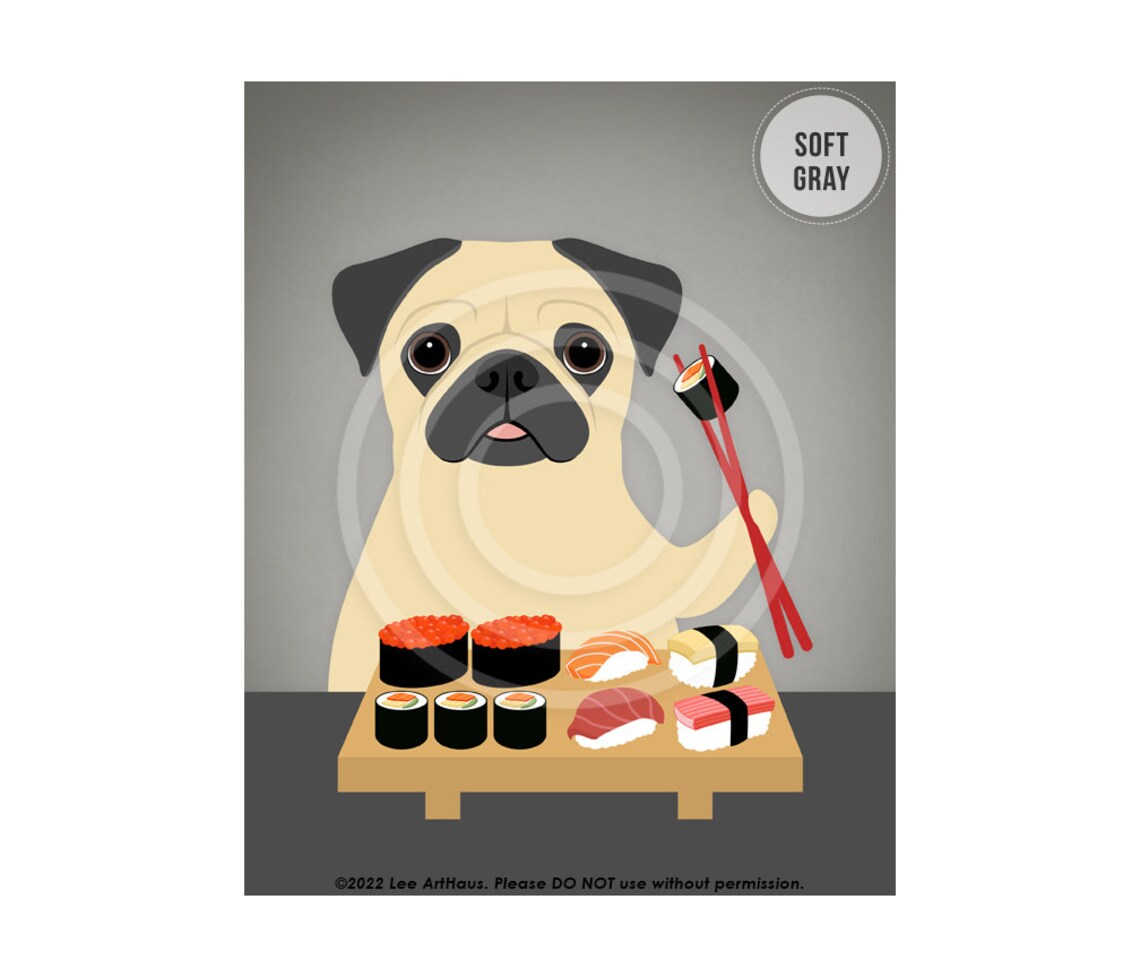 Fawn Pug Eating Sushi With Red Chopsticks Funny Dog Art Poster - Image 3