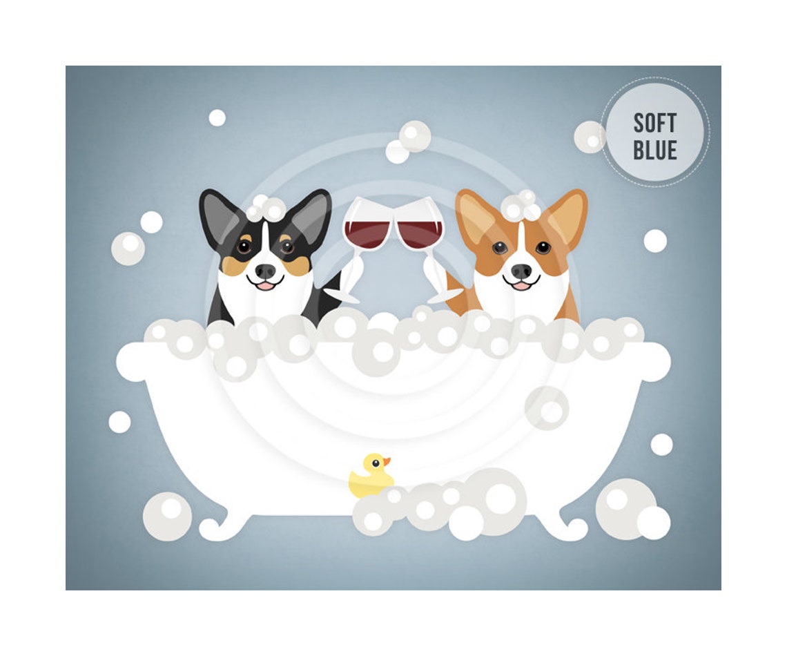 Two Corgis Bubble Bath Toasting Wine Glasses Funny Dog Poster - Image 2