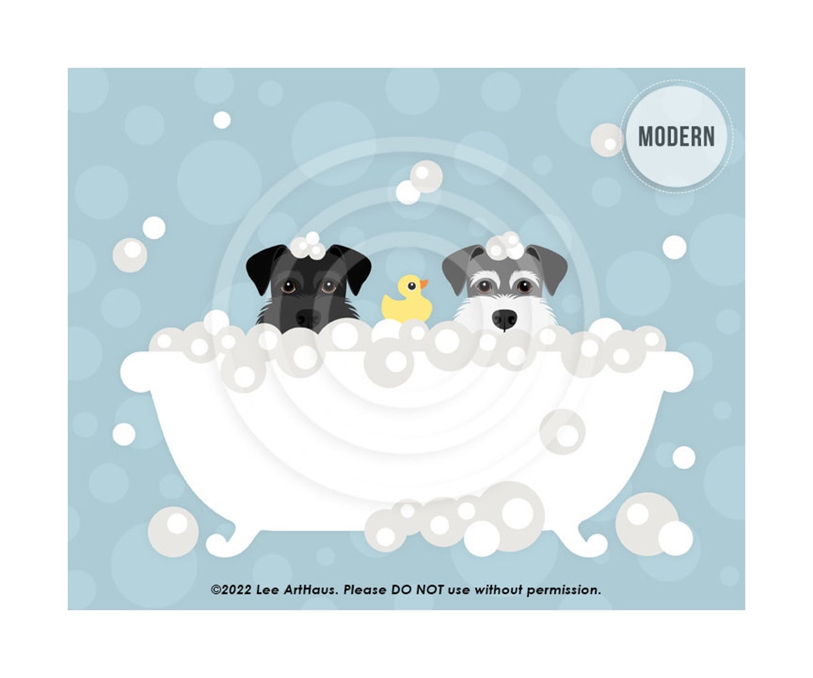 Two Schnauzers In Bubble Bath With Rubber Duck Funny Dog Poster