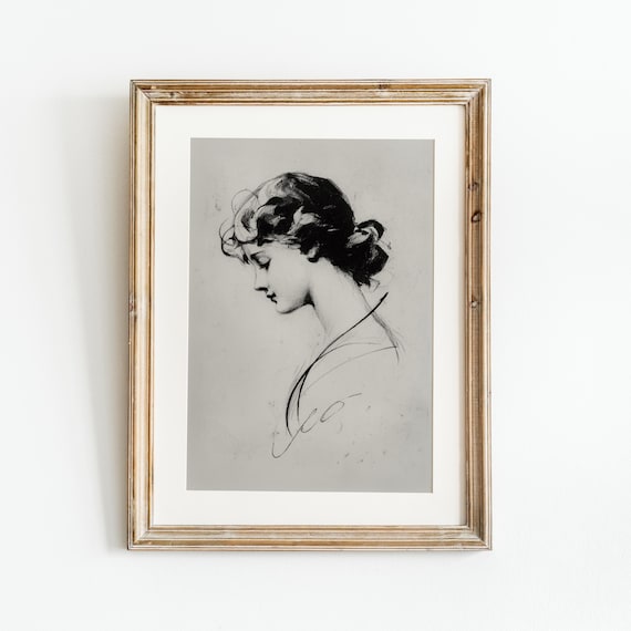 Vintage Woman Charcoal Profile Sketch Victorian Style Art Print