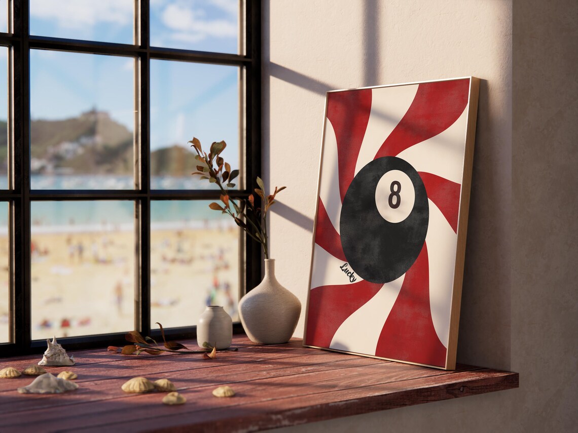 Bold Peppermint Lucky 8 Ball Red White Swirl Retro Bar Cart Poster - Image 3