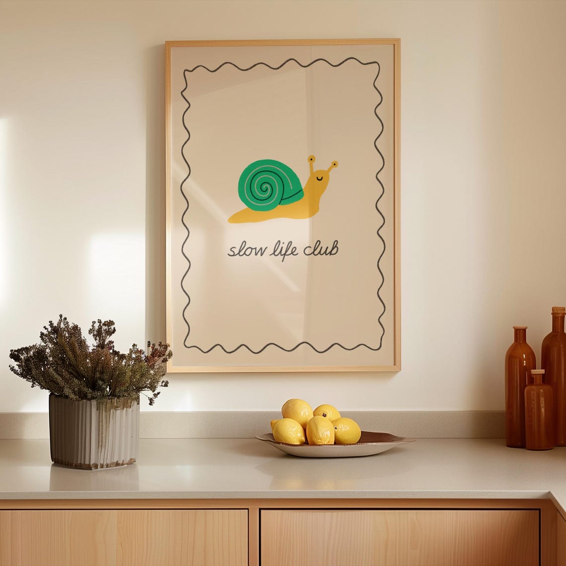 Slow Life Club Cute Happy Snail Minimalist Kitchen Decor Poster