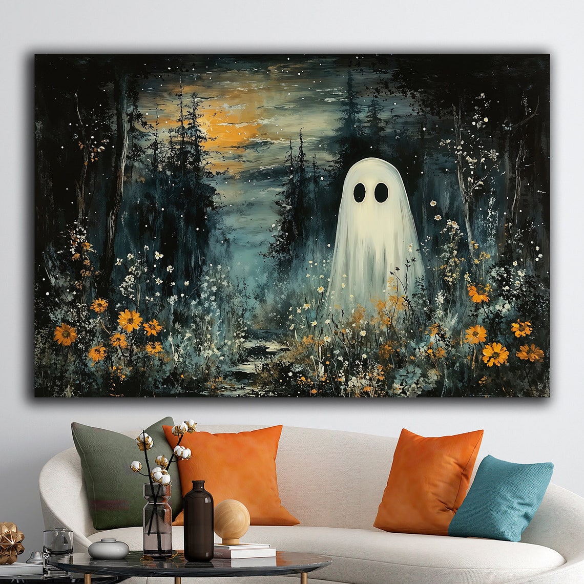 Ghost in Wildflower Forest Halloween Night Poster Dark Academia Floral