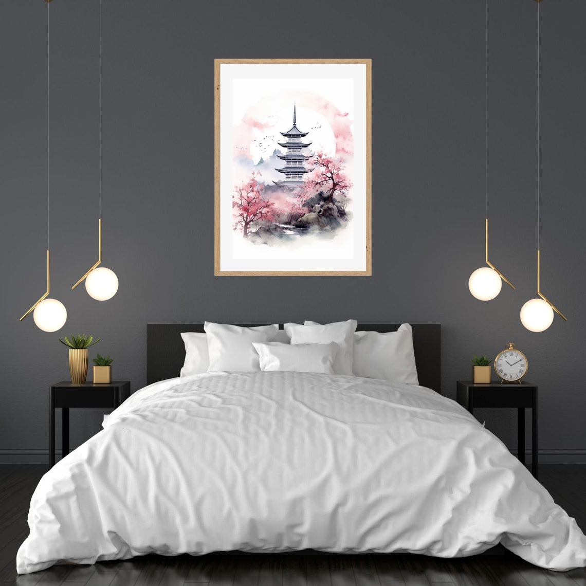Japanese Pagoda With Cherry Blossoms Pink Spring Watercolor Wall Art - Image 3