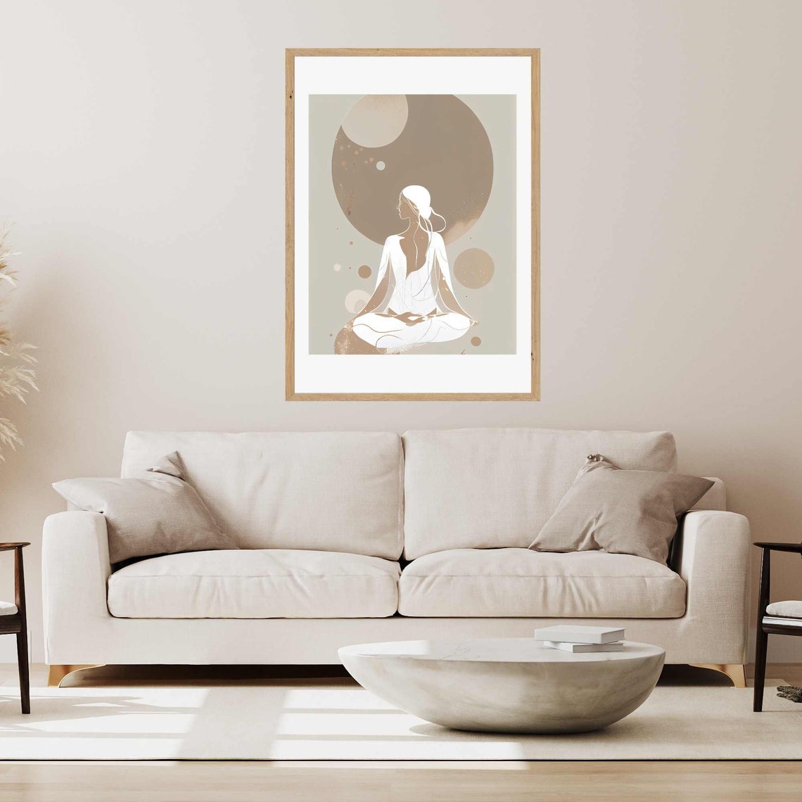 Minimalist Line Art Woman Meditating Under Moons Beige Wall Art - Image 2