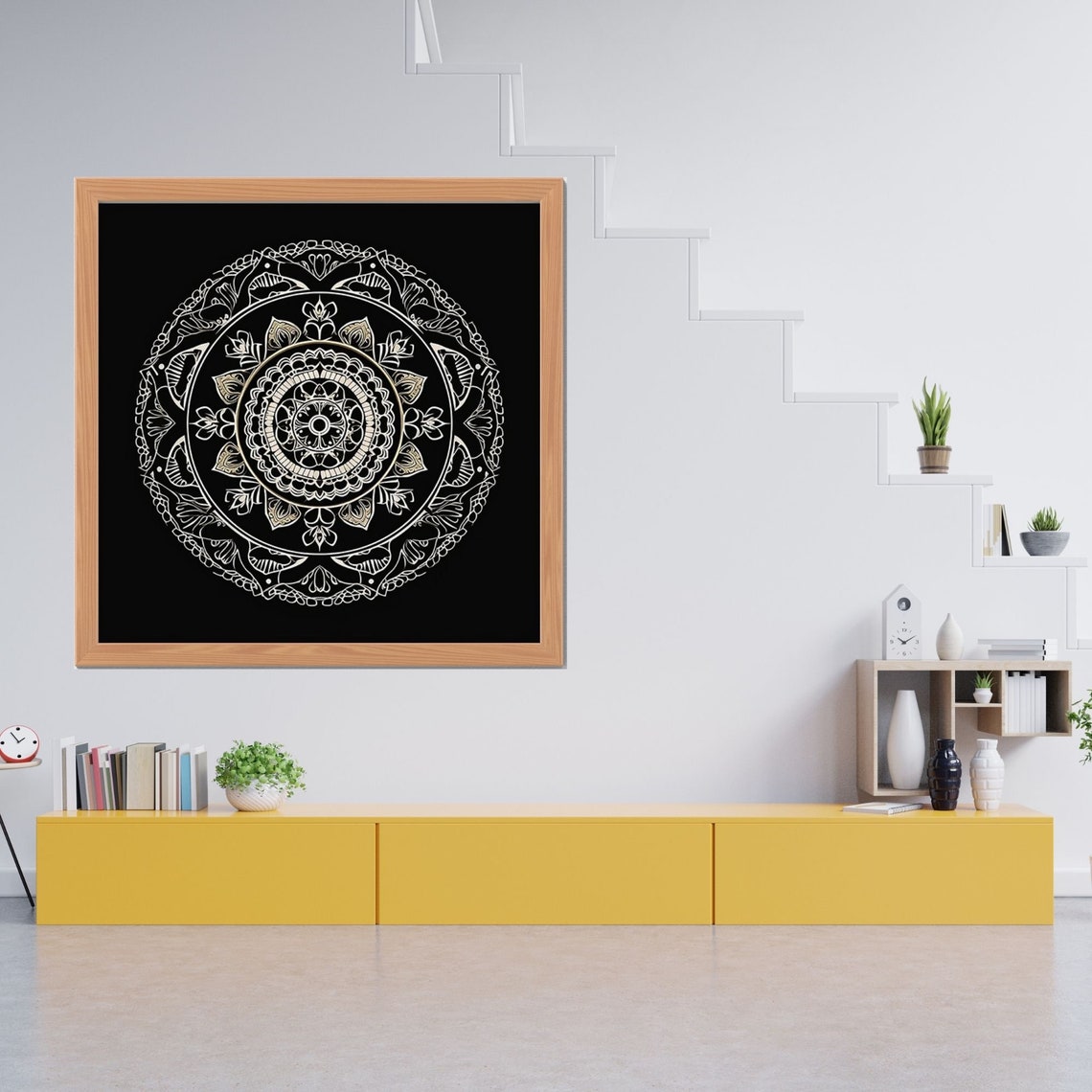 White Line Mandala on Black Background Intricate Detail Wall Art