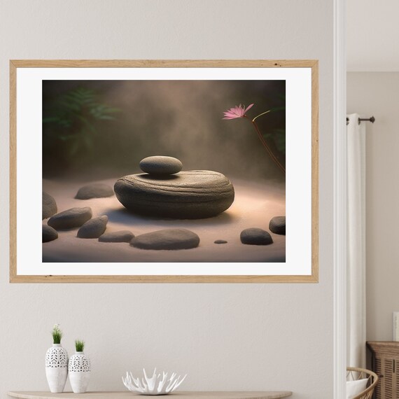 Zen Stones With Pink Lotus Misty Sand Garden Calm Serene Poster