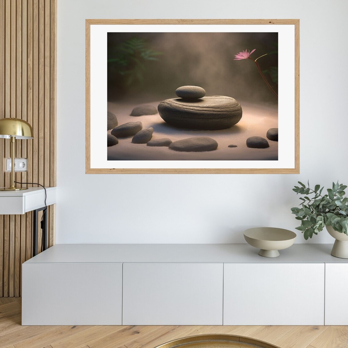 Zen Stones With Pink Lotus Misty Sand Garden Calm Serene Poster - Image 2