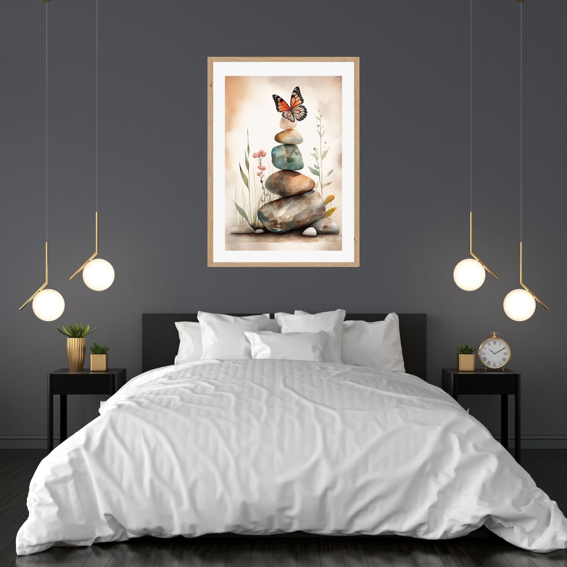 Monarch Butterfly on Stacked Zen Stones Delicate Watercolor Wall Art - Image 3