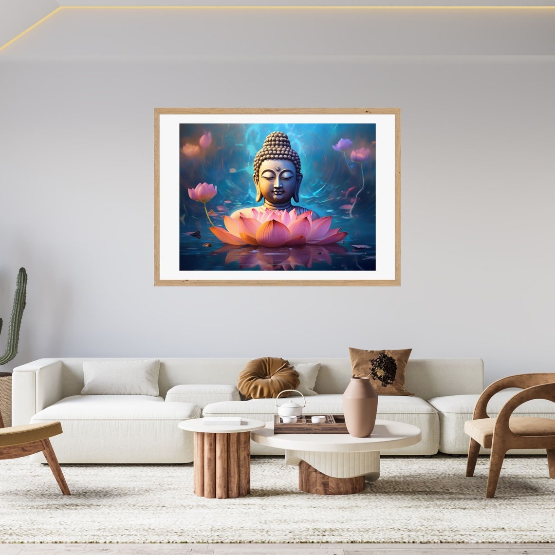 Buddha Head Behind Pink Lotus Blue Water Meditation Wall Art - Image 3