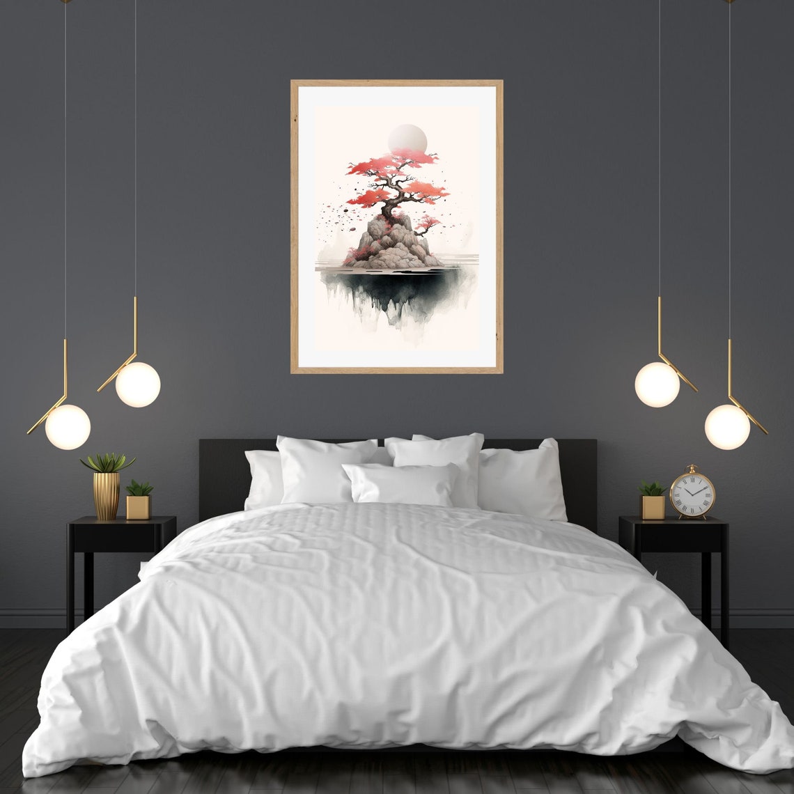 Red Maple Bonsai on Floating Rock Island Moonlit Dream Poster - Image 3