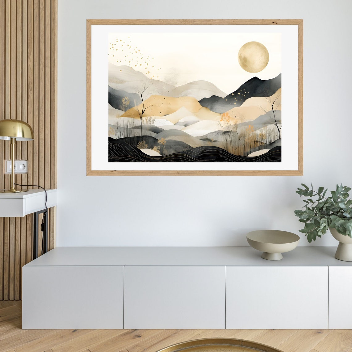 Abstract Golden Watercolor Mountain Range with a Moon Poster - Image 3