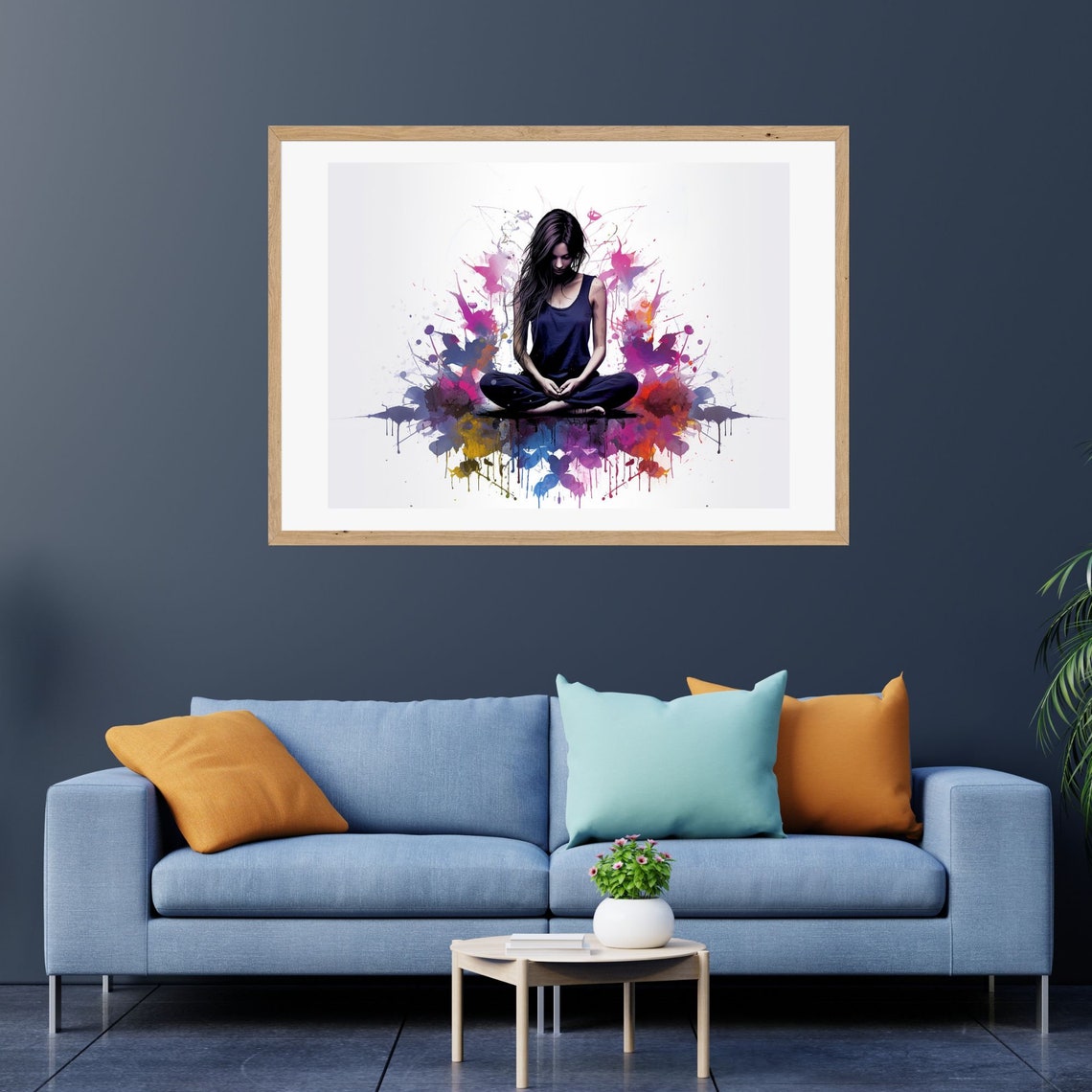 Meditating Woman in Lotus Pose Amid Watercolor Splashes Poster - Image 3