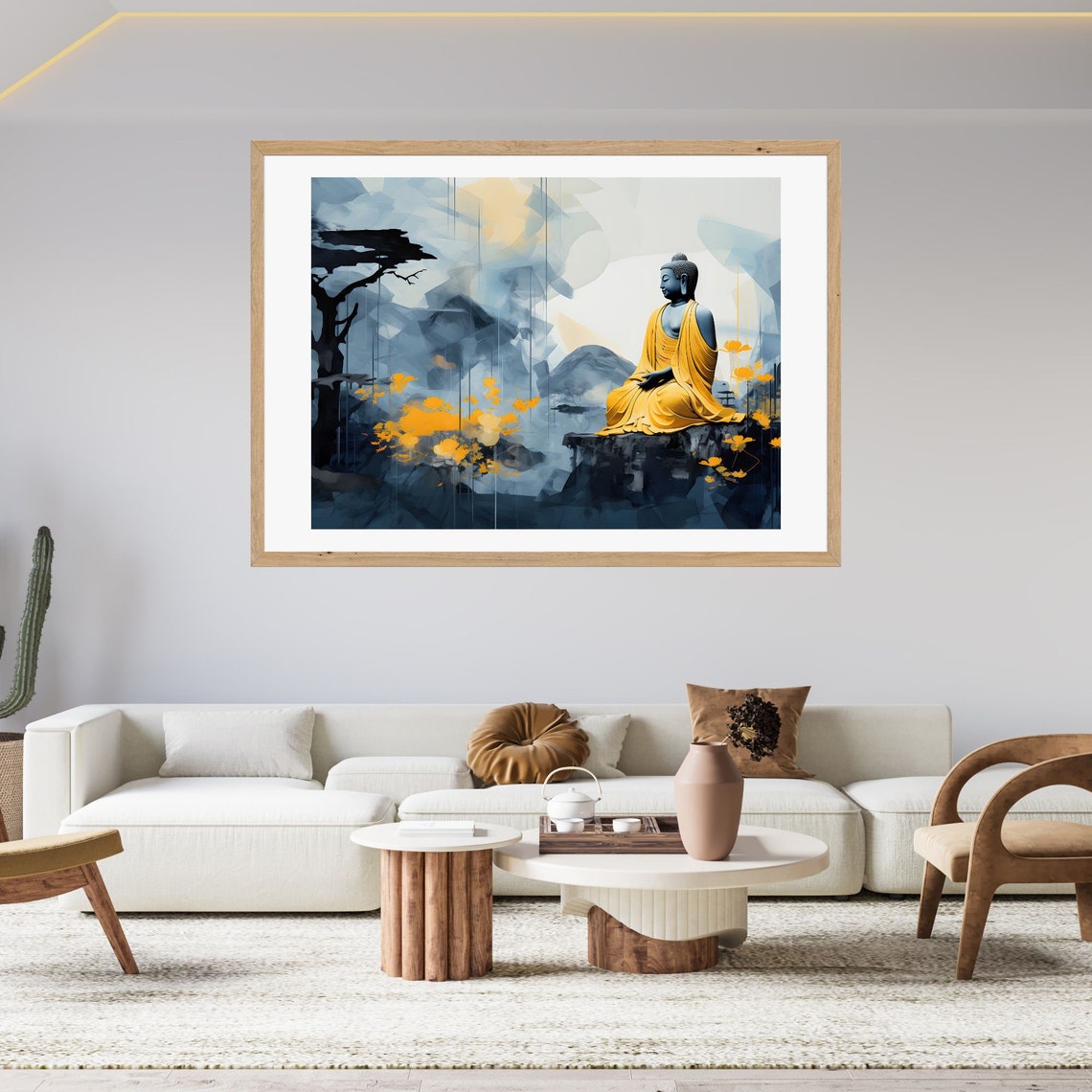 Buddha in a Golden Robe Against Midnight Blue Mountains Poster - Image 2