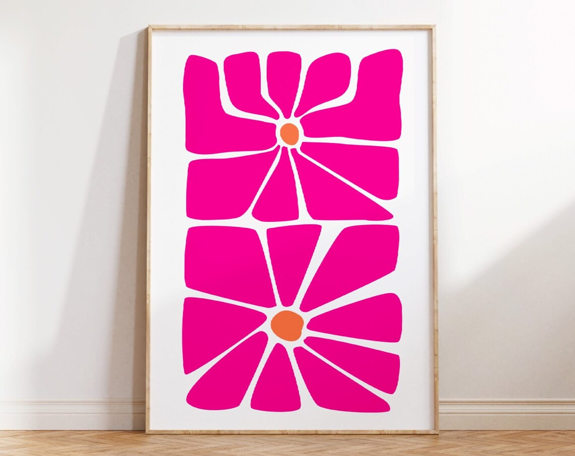 Hot Pink Groovy Flower Heads Orange Centers Boho Poster Art Decor