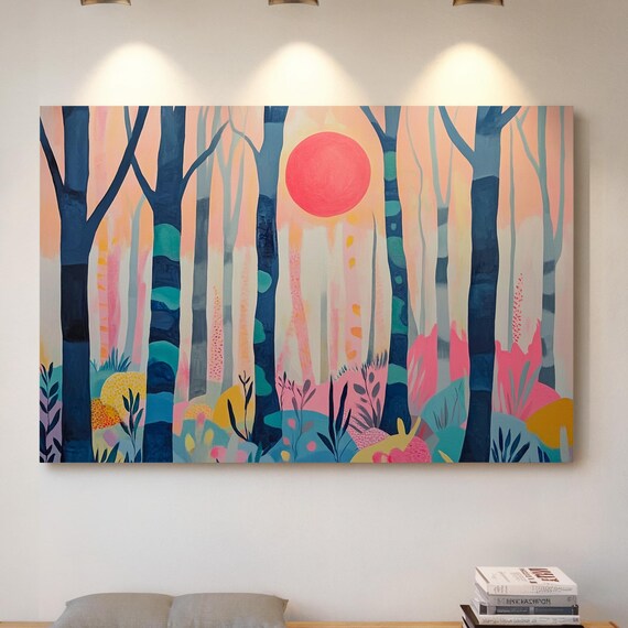 Whimsical Forest Landscape With Pink Sun Abstract Nature Painting Style Prints In Pastel Shades