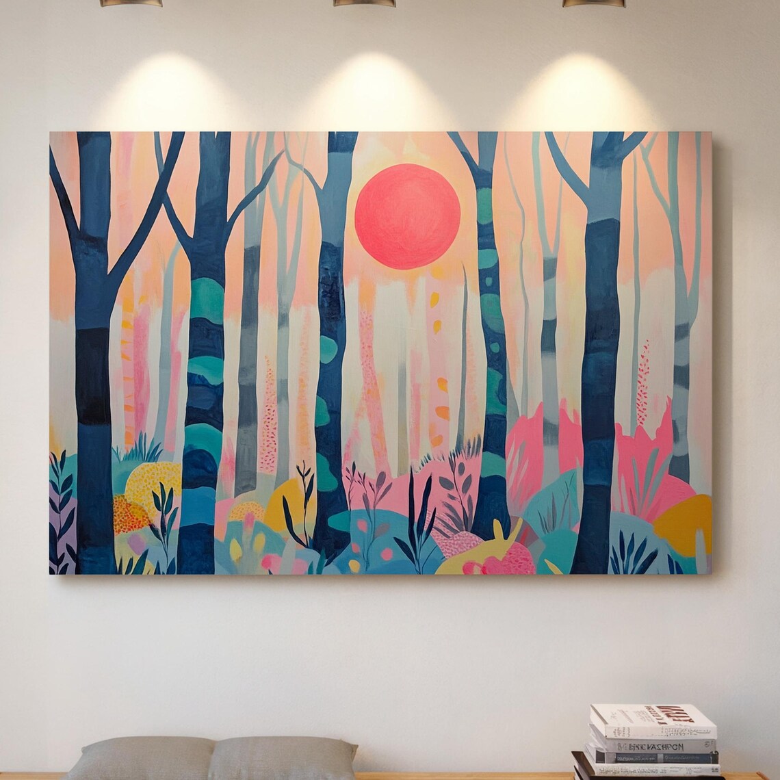 Whimsical Forest Landscape With Pink Sun Abstract Nature Painting Style Prints In Pastel Shades