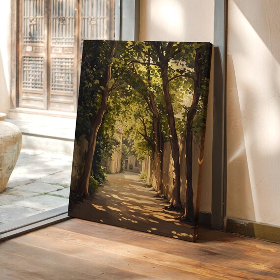 Sunlit Pathway Through Lush Trees Oil Painting Tranquil Landscape Wall Art For Rustic Nature Inspired Home Decor Wall Art Print