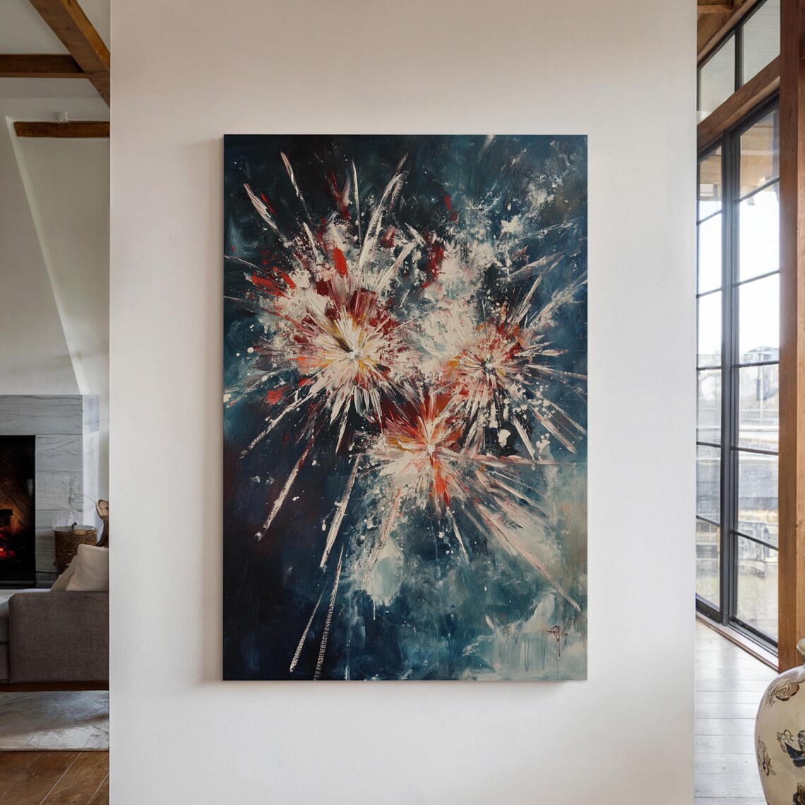 Red And White Fireworks Bursts On Dark Night Modern Abstract Art Print